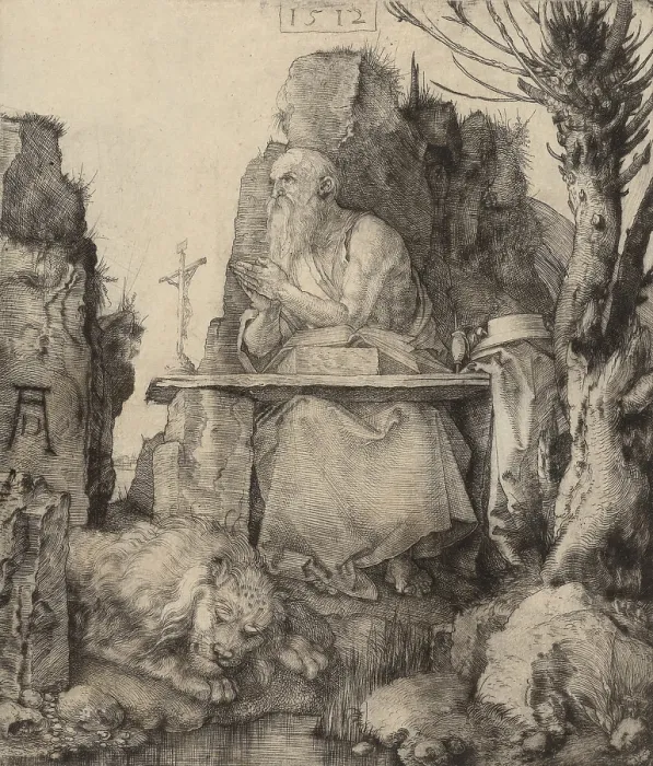 Framed Print : St Jerome in the Wilderness, by Albrecht Durer, 1512, German print, copper dry point engraving. Jerome as a hermit in the desert, praying from a rocky desk