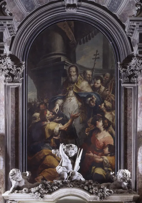 Framed Print : St. John the Alms-dispensing as dispends alms, by Jacopo Marieschi, 1743, 18th Century, canvas - Italy, Veneto, Venice, Church of Saint John in Bragora. Whole artwork view. St
