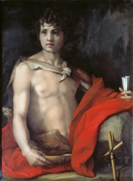Framed Print : St John the Baptist, by Andrea DAgnolo known as Andrea del Sarto, 1522 about, 16th Century, tempera on panel, cm 94 x 68 - Italy, Tuscany, Florence, Palazzo Pitti