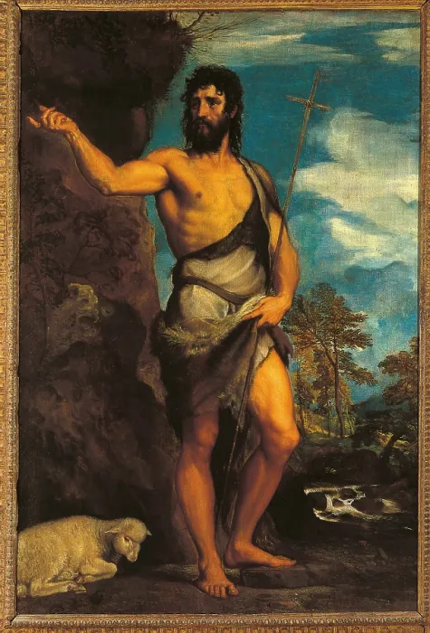 Framed Print : St John the Baptist, by Tiziano Vecellio known as Titian, 1539 - 1540 about, 16th Century, oil on canvas, cm 201 x 134 - Italy, Veneto, Venice, Accademia Art Galleries. All Framed Print : St John the Baptist, by Tiziano Vecellio known as Titian, 1539 - 1540 about, 16th Century, oil on canvas, cm 201 x 134 - Italy, Veneto, Venice, Accademia Art Galleries. All