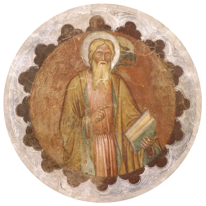 Framed Print : St. John the Evangelist, Attributed to the Master of Velo d'Astico or Luca da Vicenza, 15th century, fresco. - Italy, Veneto, Velo d'Astico, Saws, Church of St. George