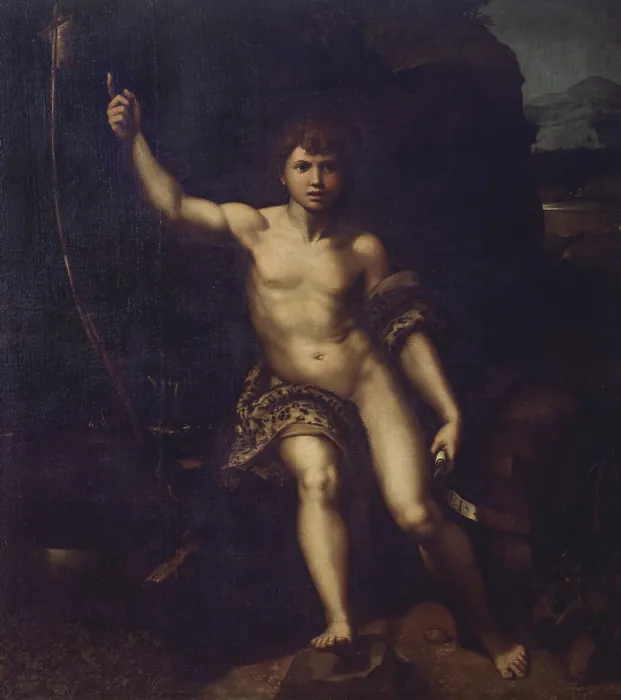 Framed Print : St. John (San Giovannino), by Raffaello Sanzio, c. 1518-1519, 16th Century, oil on canvas, 135 x 147 cm - Italy, Tuscany, Florence, Uffizi Gallery. Whole artwork view. St Framed Print : St. John (San Giovannino), by Raffaello Sanzio, c. 1518-1519, 16th Century, oil on canvas, 135 x 147 cm - Italy, Tuscany, Florence, Uffizi Gallery. Whole artwork view. St