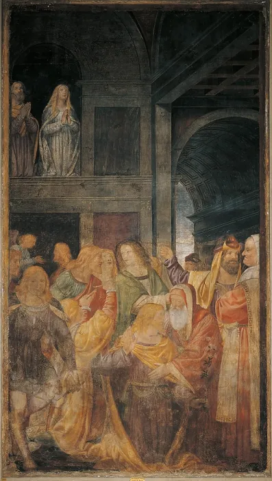 Framed Print : St Joseph chosen as the Spouse of the Virgin, by Bernardino Luini, 1516 - 1521, 16th Century, fresco transferred to canvas, cm 315 x 178 - Italy, Lombardy, Milan