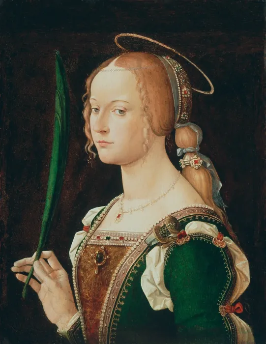 Framed Print : ST. JUSTINA OF PADUA, by Bartolomeo Montagna, 1490-1524, Italian Renaissance painting, oil on wood. Justina of Padua was baptized by St