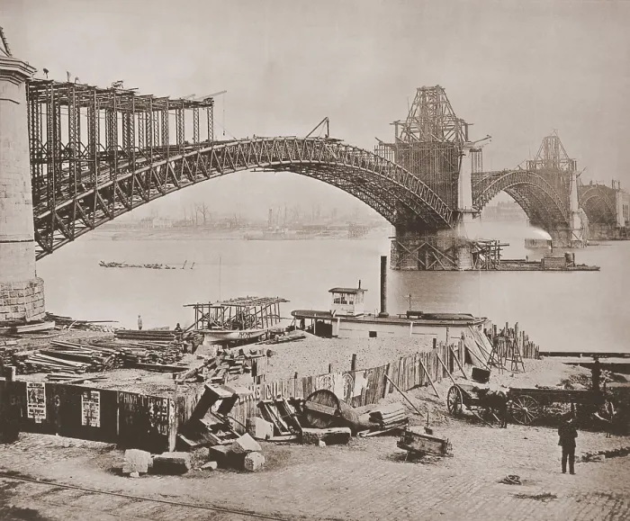 Framed Print : St. Louis Bridge under construction ca. 1870. The steel arches were cantilevered from opposing piers high above the river