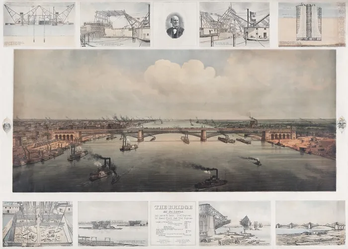 Framed Print : The St. Louis Bridge now named Eads Bridge over the Mississippi River. The piers rested on bedrock 103 feet below the Mississippi mud