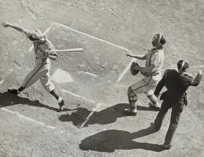 Framed Print : St. Louis Browns Don Gutteridge striking out in the 2nd game of the 1944 World Series. St. Louis Cardinals catcher Walker Cooper is behind the plate. Oct. 5, 1944