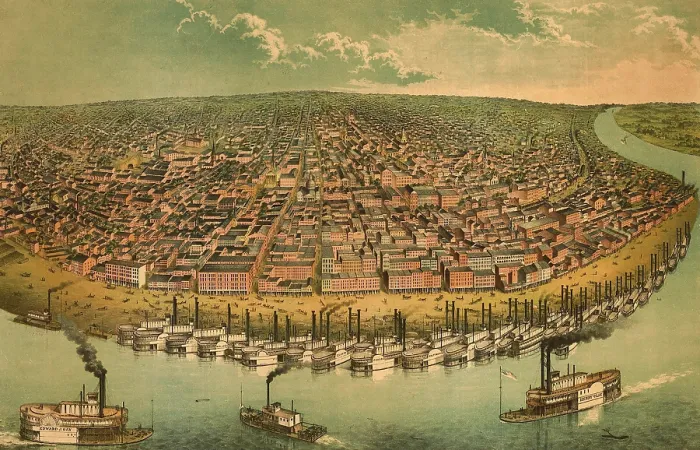 Framed Print : St. Louis, Missouri, as seen from above the Mississippi River. 1850s bird's eye view shows the active waterfront with steamboats. St