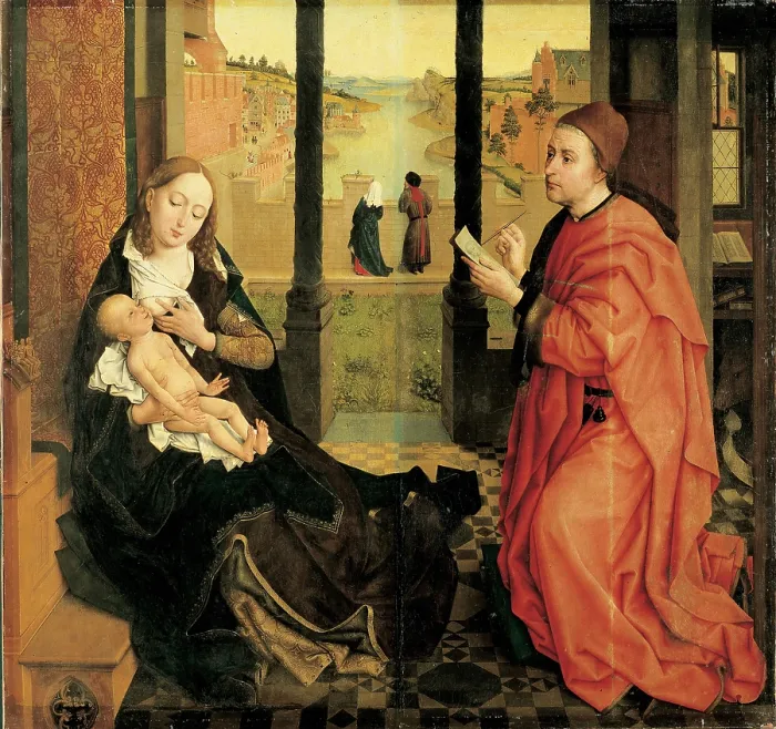 Framed Print : St Luke Painting the Virgin, by Rogier Van der Weyden, 1435 - 1440, 15th Century, oil and tempera on board, 137, 5 x 110, 8 cm - USA, Boston, Museum of Fine Arts