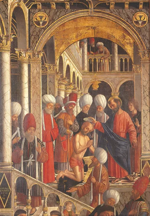 Framed Print : St Mark Baptising Anianus, by Giovanni Mansueti, 16th Century, oil on canvas, - Italy, Lombardy, Milan, Brera Art Gallery. Detail