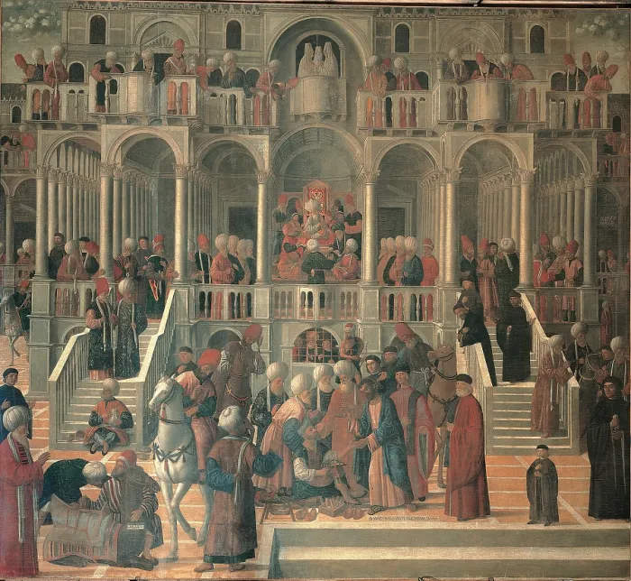 Framed Print : St Mark Healing Anianus, by Giovanni Mansueti, 15th Century, oil on canvas, - Italy, Veneto, Venice, Scuola Grande di San Marco. Full view