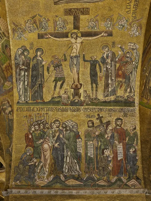 Framed Print : St Marks Basilica, Venice, by Unknown Artist, 10th Century, - Italy, Veneto, Venice, San Marco Basilica. Detail. Central dome. Arch. The Crucifixion arrest and derision