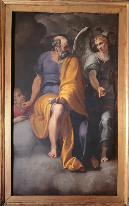 Framed Print : St Matthew and the Angel, by Giovanni Ambrogio Figino, 1586 - 1588 about, 16th Century, oil on panel, cm 220 x 130 - Italy, Lombardy, Milan, San Raffaele Arcangelo Church. Detail