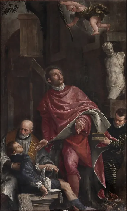 Framed Print : St Pantaleon Healing a Child, by Paolo Caliari known as Veronese, 1587 about, 16th Century, oil on canvas, cm 277 x 160 - Italy, Veneto, Venice, San Pantalon Church. All Framed Print : St Pantaleon Healing a Child, by Paolo Caliari known as Veronese, 1587 about, 16th Century, oil on canvas, cm 277 x 160 - Italy, Veneto, Venice, San Pantalon Church. All