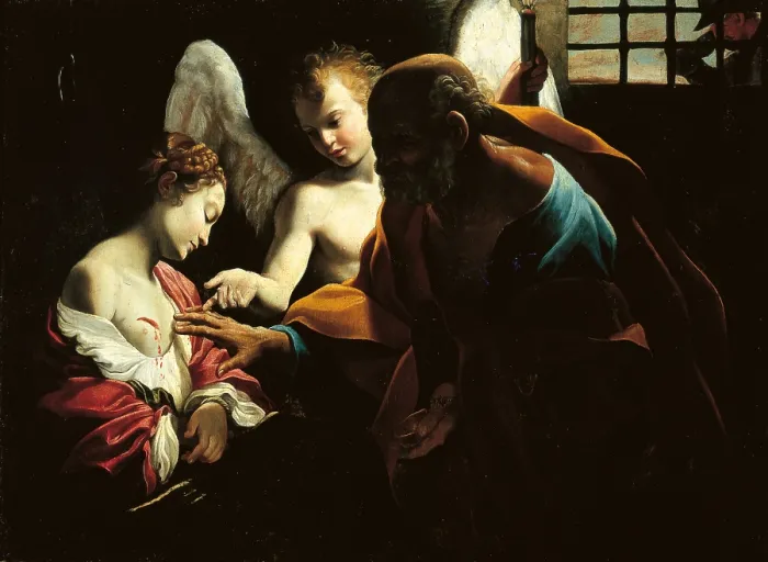 Framed Print : St Peter Healing St Agatha, by Giovanni Lanfranco, 1613 - 1614 about, 17th Century, oil on canvas, cm 100 x 132, 5 - Italy, Emilia Romagna, Parma, National Gallery. All