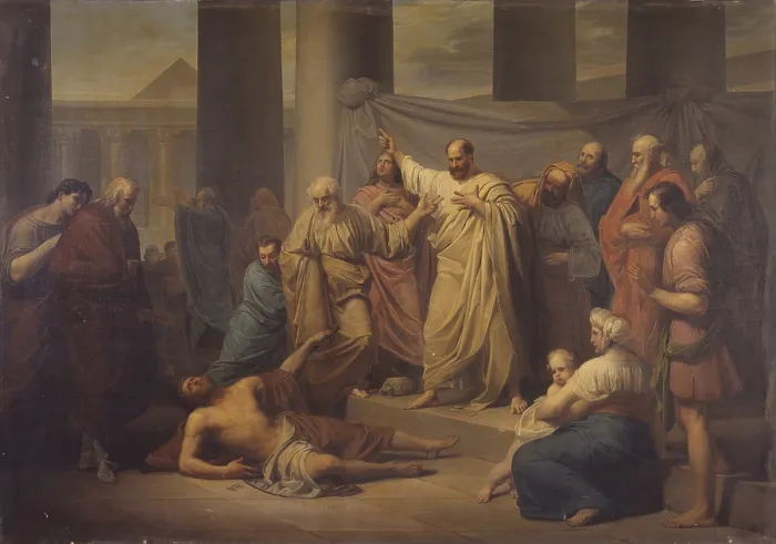 Framed Print : St. Peter rebukes Ananias that the presence of the Apostles, by Peter Hall, 1832, 18th century, oil on canvas. - Italy, Lombardy, Milan, Brera Academy of Fine Arts