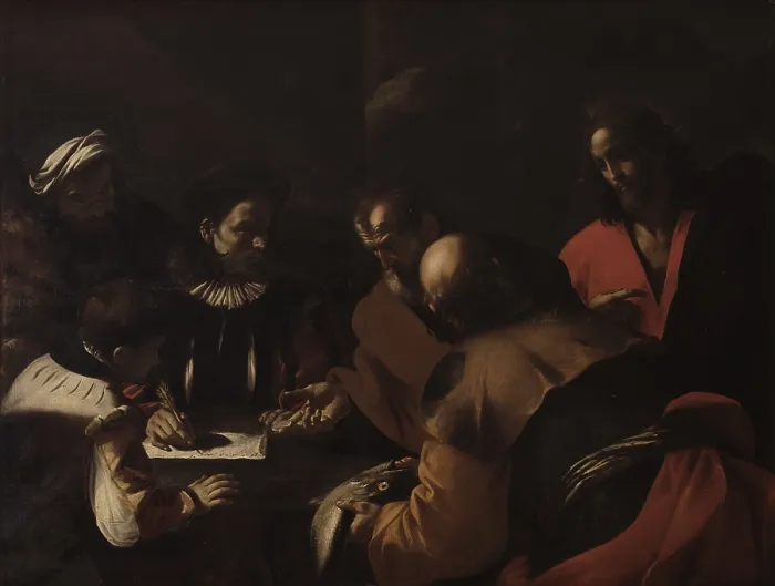Framed Print : St. Peter's paying a Tribute, by Mattia Preti, 1630, 17th Century, oil on canvas, 143 x 193 cm - Italy, Lombardy, Milan, Brera Collection. Whole artwork view