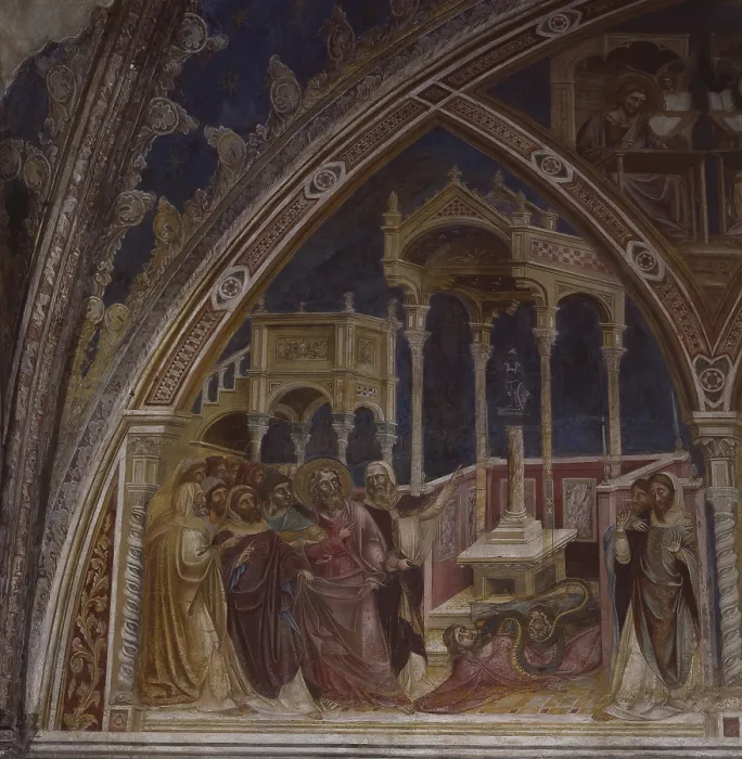 Framed Print : St. Philip forced to sacrifice to an idol, by Guariento di Arpo, 1335 - 1340, 14th Century, fresco - Italy, Veneto, Padua, Church of Eremitani. Whole artwork view Framed Print : St. Philip forced to sacrifice to an idol, by Guariento di Arpo, 1335 - 1340, 14th Century, fresco - Italy, Veneto, Padua, Church of Eremitani. Whole artwork view