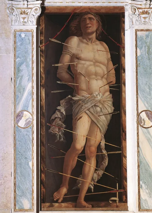 Framed Print : St Sebastian, by Andrea Mantegna, 1490 about, 15th Century, probably glue tempera on canvas, cm 210 x 91 - Italy, Veneto, Venice, Ca dOro, Franchetti Gallery. All