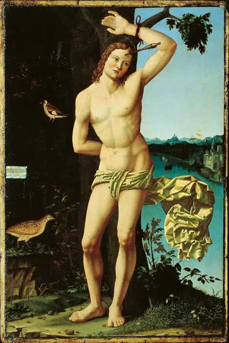 Framed Print : St Sebastian, by Josaphat Araldi, 1519 - 1520 about, 16th Century, oil on panel, cm 87 x 57, 8 - Italy, Emilia Romagna, Parma, National Gallery. All Framed Print : St Sebastian, by Josaphat Araldi, 1519 - 1520 about, 16th Century, oil on panel, cm 87 x 57, 8 - Italy, Emilia Romagna, Parma, National Gallery. All