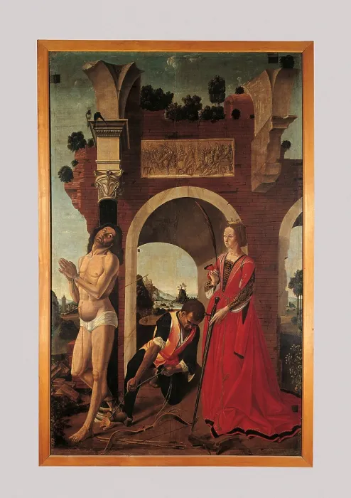 Framed Print : St Sebastian and St Catherine of Alexandria, by Francesco Pagano, 1450 - 1499 about, 15th Century, - Italy, Lazio, Rome, National Gallery of Ancient Art, Palazzo Barberini. All