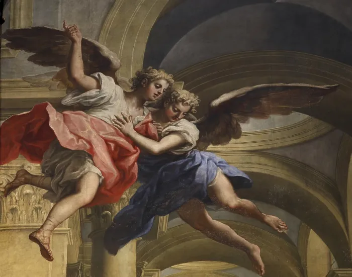 Framed Print : St Teresa Receiving the Eucharist, by Niccol Bambini, 1710 ante, 18th Century, oil on canvas, - Italy, Veneto, Venice, The Scalzi Church. Detail