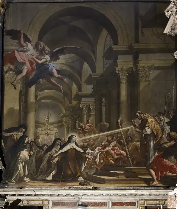 Framed Print : St Teresa Receiving the Eucharist, by Niccol Bambini, 1710 ante, 18th Century, oil on canvas, - Italy, Veneto, Venice, The Scalzi Church. All Framed Print : St Teresa Receiving the Eucharist, by Niccol Bambini, 1710 ante, 18th Century, oil on canvas, - Italy, Veneto, Venice, The Scalzi Church. All