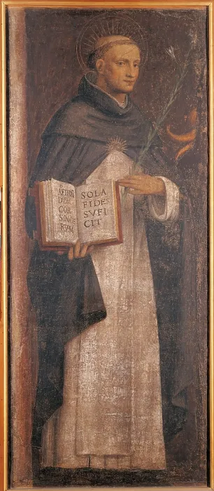 Framed Print : St Thomas Aquinas, by Bernardino Luini, 1520 - 1521 about, 16th Century, fresco transferred to canvas, cm 131 x 55 - Italy, Lombardy, Milan, Brera Art Gallery. Detail
