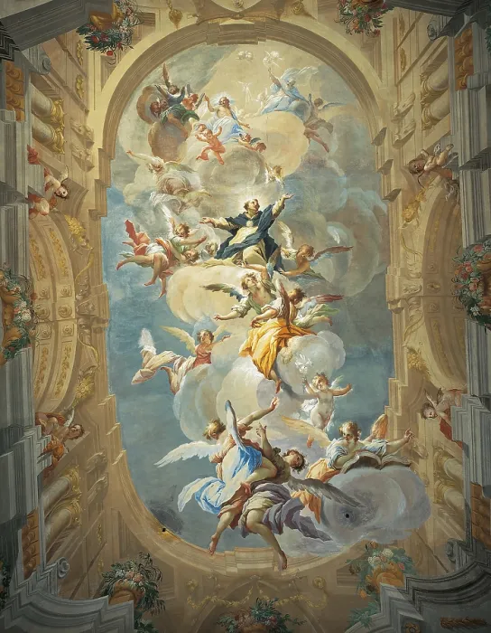 Framed Print : St Thomas in Glory, by Giovanni Camillo Sagrestani, 1710, 18th Century, fresco, - Italy, Tuscany, Florence, San Tommaso dAquino Oratory. All Framed Print : St Thomas in Glory, by Giovanni Camillo Sagrestani, 1710, 18th Century, fresco, - Italy, Tuscany, Florence, San Tommaso dAquino Oratory. All