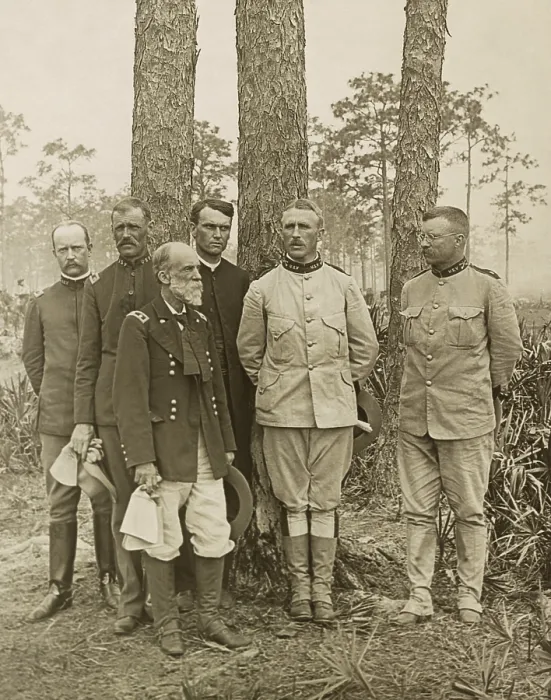 Framed Print : Staff of the 1st US Volunteer Regiment in Tampa Florida with Confederate General Joe Wheeler. Photo was taken in May 1898 before their embarkation for Cuba