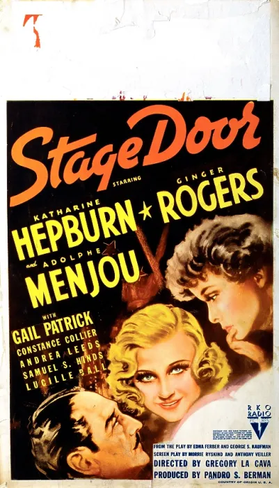 Framed Print : STAGE DOOR, US poster, from left: Adolphe Menjou, Ginger Rogers, Katharine Hepburn on midget window card, 1937