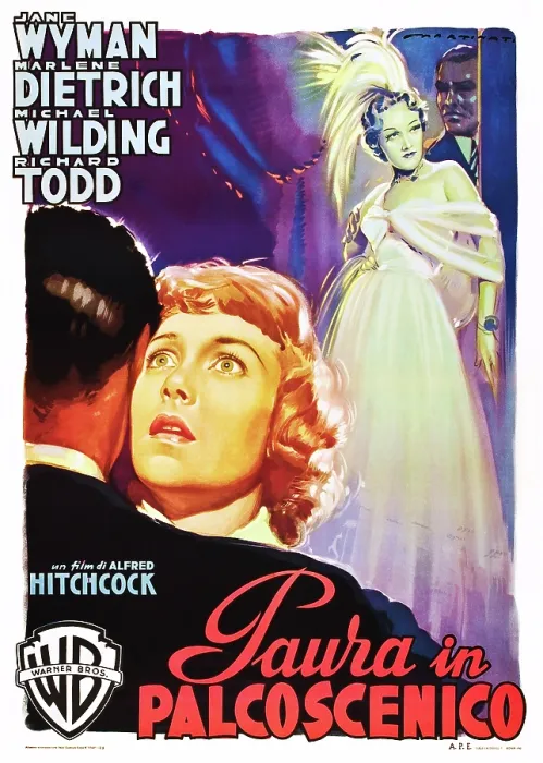 Framed Print : STAGE FRIGHT (aka PAURA IN PALCOSCENICO), Jane Wyman, Marlene Dietrich, (Italina poster art), 1950