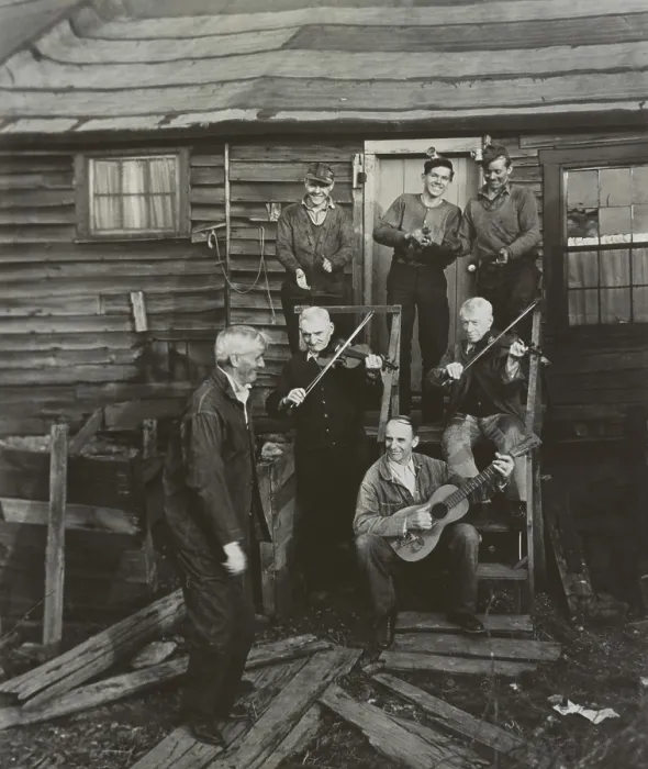 Framed Print : Staged hoedown in Pennsylvania with anthracite miners playing fiddles and a guitar. The session was recorded by folklorist George Korson. Ca. 1936-48. - (BSLOC_2015_1_160)
