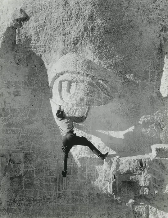Framed Print : Staged photo of worker hanging from Jefferson's eye lid on Mount Rushmore. Ca. 1934. Photo by Charles d'Emery. (BSLOC_2013_8_257) Framed Print : Staged photo of worker hanging from Jefferson's eye lid on Mount Rushmore. Ca. 1934. Photo by Charles d'Emery. (BSLOC_2013_8_257)