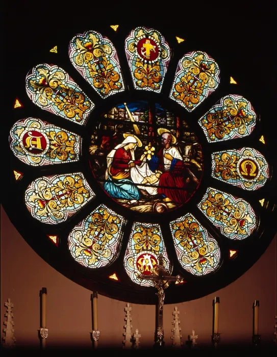 Framed Print : Stained Glass. Detail of Rose Window, Church of the Nativity, Menlo Park, CA ca. 1900