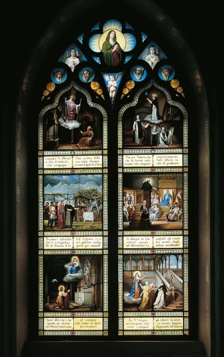 Framed Print : Stained glass windows with Stories of St Albert, by Pietro Bagatti Valsecchi, 1884, 19th Century, - Italy, Piemonte, Cuneo, Racconigi, Margherite Chapel, in the Castles Park. All