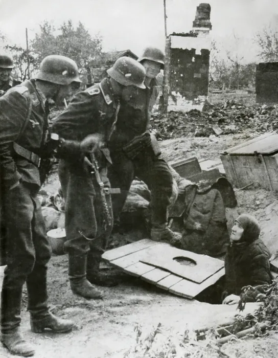 Framed Print : In Stalingrad, German soldiers extract an old Russian elderly woman from her hiding place. Late summer, 1942. World War 2 (BSLOC_2015_13_108)