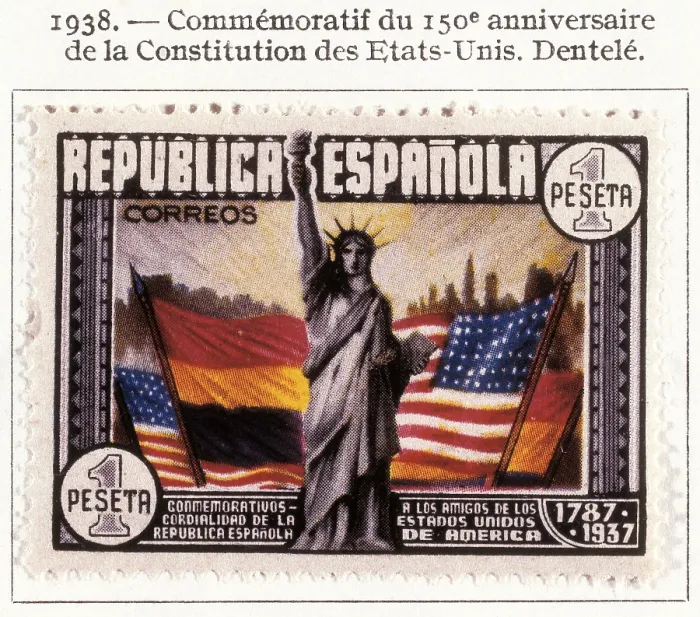 Framed Print : Stamp of the Spanish Republic commemorating the 150th anniversary of the US Constitution (1938). SPAIN. Barcelona. Postal and Philatelic Museum