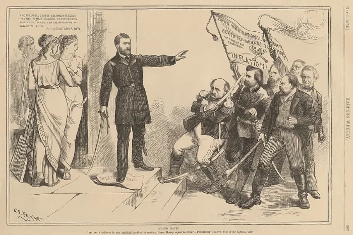 Framed Print : Stand Back. A uniformed President Ulysses Grant obstructs politicians who protest his veto of the Ferry Bill (aka The Inflation Bill) in April 1874