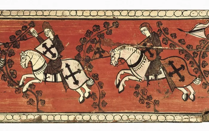 Framed Print : Standard Bearers Knights. 13th c. Detail. Painting on wood from de decoration of 13th century roof. Unknown origin. Tempera on wood. SPAIN. Barcelona