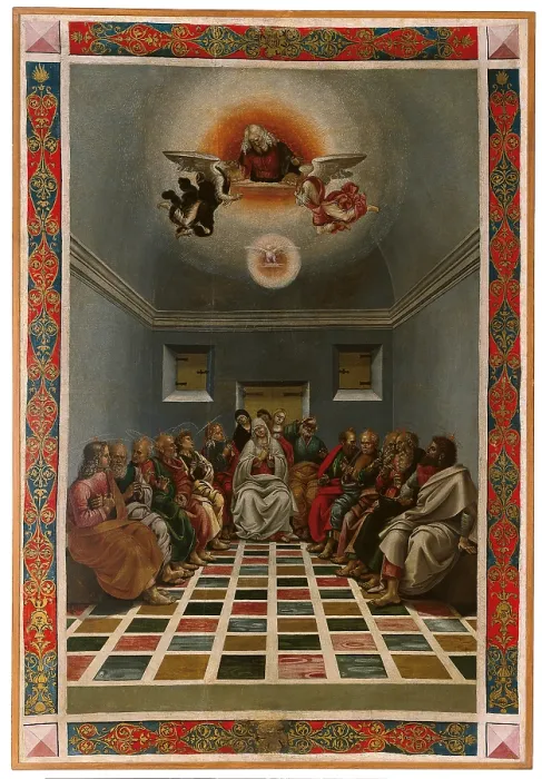 Framed Print : Standard (Crucifixion and The Descent of the Holy Spirit or The Pentecost), by Luca Signorelli, 1494 about, 15th Century, painting on canvas, cm 157 x 104 - Italy, Marche