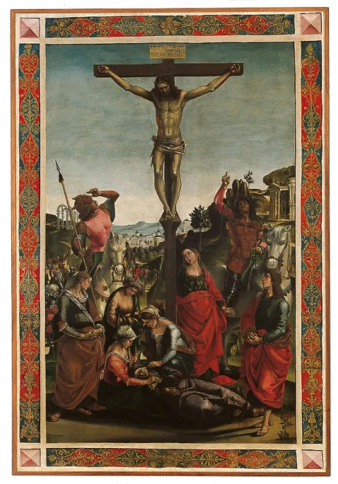 Framed Print : Standard (Crucifixion and The Descent of the Holy Spirit or The Pentecost), by Luca Signorelli, 1494 about, 15th Century, painting on canvas, cm 157 x 104 - Italy, Marche