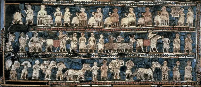 Framed Print : The Standard of Ur. 2600 -2400 BC. Peace panel. Babylonian art. Mosaic. UNITED KINGDOM. London. The British Museum. Proc: IRAQ. Ur. AISA / Everett Collection**US SALES ONLY**