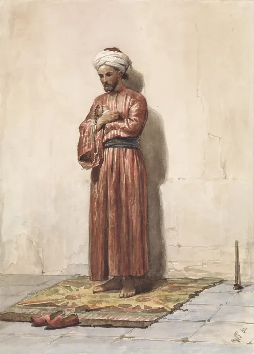 Framed Print : Standing Egyptian with Prayer Beads, by Willem de Famars Testas, 1862, Dutch watercolor painting (BSLOC_2016_2_190)