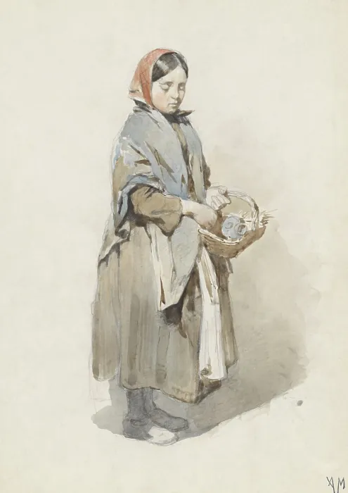 Framed Print : Standing Woman with Headscarf and Basket, by Anton Mauve, 1860-80, Dutch watercolor painting, drawing. Young women dressed in drab clothing holding a basket (BSLOC_2016_2_112)