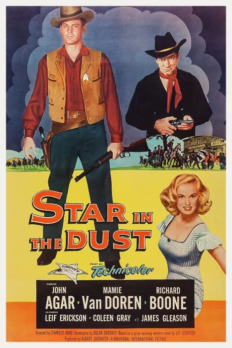 Framed Print : STAR IN THE DUST, US poster art, clockwise from left: John Agar, Richard Boone, Mamie Van Doren, 1956