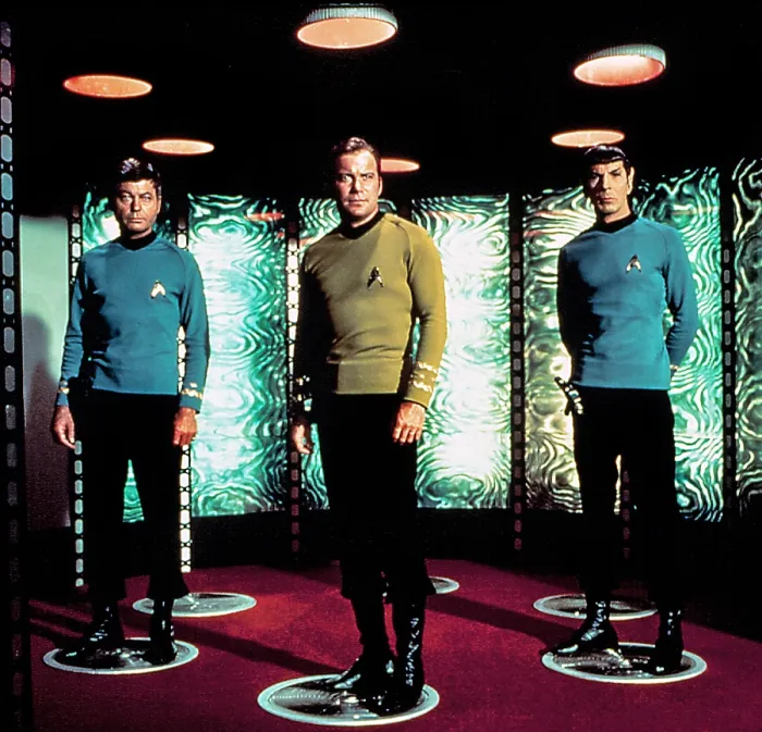 Framed Print : STAR TREK, DeForest Kelley, William Shatner, Leonard Nimoy standing on the transporter pad, 1966-1969 Framed Print : STAR TREK, DeForest Kelley, William Shatner, Leonard Nimoy standing on the transporter pad, 1966-1969