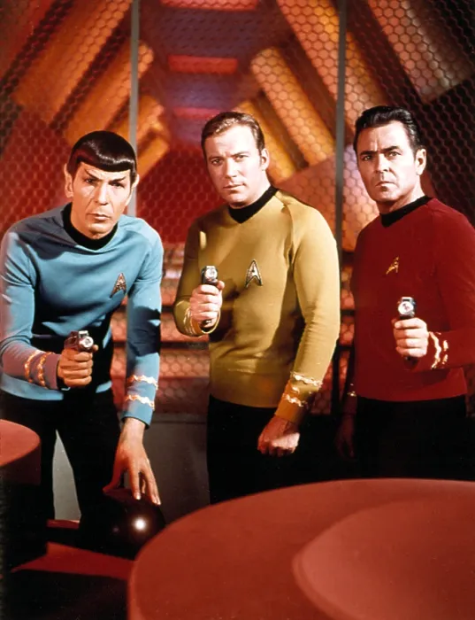 Framed Print : STAR TREK, Leonard Nimoy, William Shatner, James Doohan, with phasers, 1966-1969