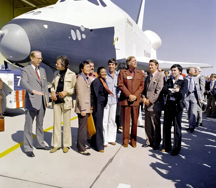 Framed Print : Star Trek television cast members at the roll out of the Space shuttle prototype Enterprise Framed Print : Star Trek television cast members at the roll out of the Space shuttle prototype Enterprise