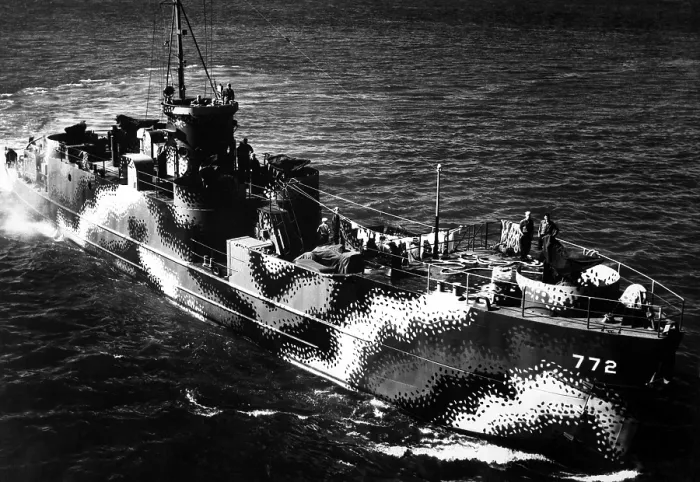 Framed Print : Starboard bow view of U.S. ship LCI 772, with camouflage painting. The patterns reduced the ship's visibility and confuse identity. July 30, 1944, World War 2 Framed Print : Starboard bow view of U.S. ship LCI 772, with camouflage painting. The patterns reduced the ship's visibility and confuse identity. July 30, 1944, World War 2